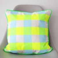 Neon check screen printed cushion