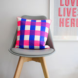 Neon check screen printed cushion