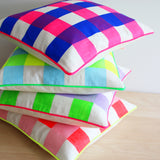 Neon check screen printed cushion