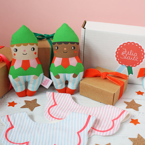 Christmas elf rattle and bib baby gift set